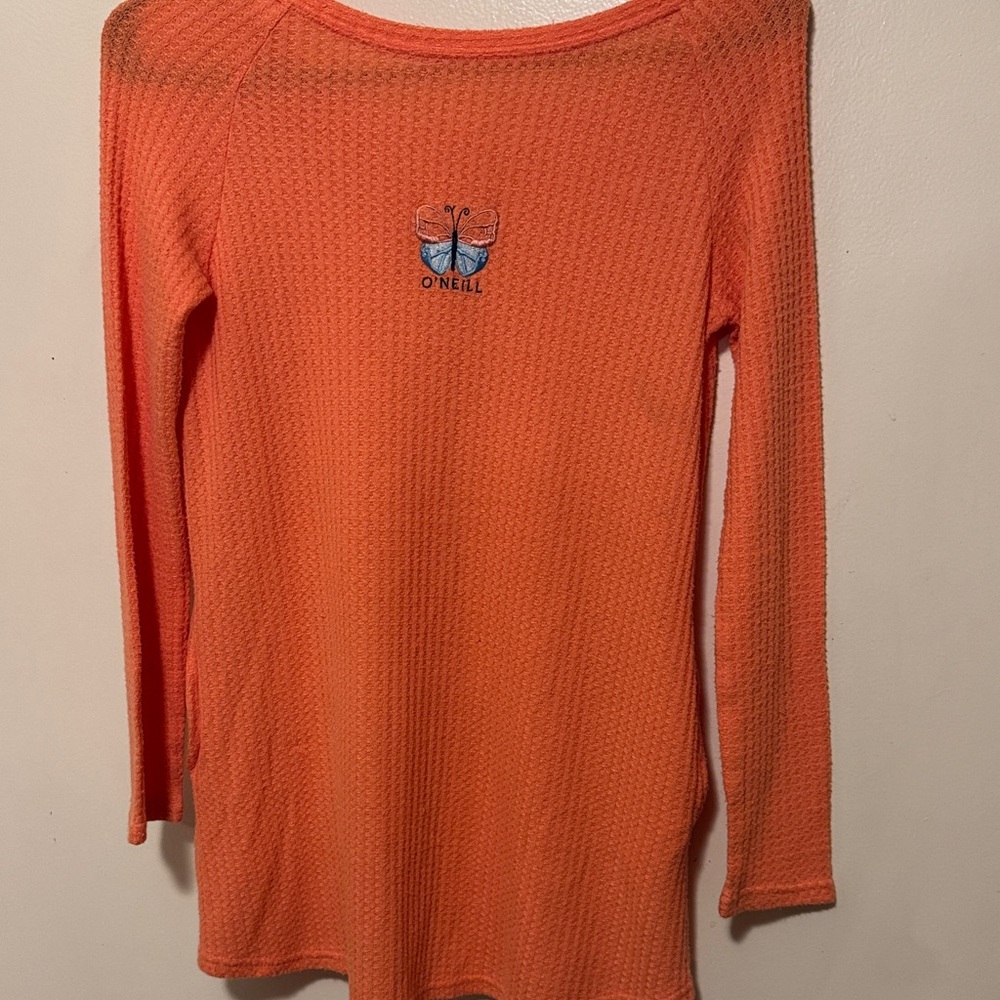 O'Neill Coral Orange Waffle Knit Long Sleeve Top with Butterfly Logo